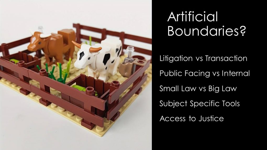 Slide showing lego cows in a fenced off pasture with text "Artificial Boundaries?" Litigation vs Transation, Public vs Internal, Small law vs big law, Subject Specific tools, Access to justice